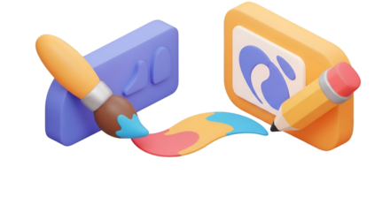 3d illustration of digital art tools with colorful paint stroke isolated on transparent background
