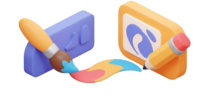 3d illustration of digital art tools with colorful paint stroke isolated on transparent background