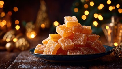 Delicious homemade candied fruit squares on a plate with festive Christmas lights in the background.