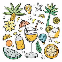 Colorful doodle illustration of tropical drinks, citrus fruits, palm leaves, and summer vibes