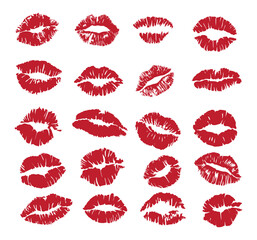 Set of red lipstick kiss print silhouettes, featuring various female lip shapes. Sexy lips, makeup, and mouth imprints in vector outline style on transparent background