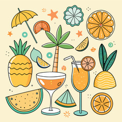 Colorful doodle illustration of tropical drinks, citrus fruits, palm leaves, and summer vibes