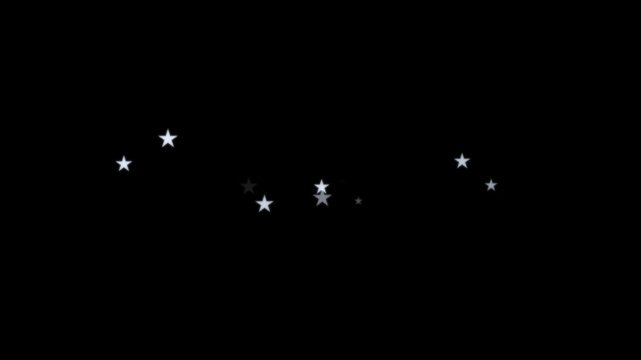 White glittering stars sparkle, glowing glitter particle light trail alpha channel loop animation, 2d shining twinkle star effect, fairy sparkle burst, shimmering particles on transparent background.