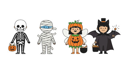 Spooky Ensemble: Four whimsically costumed figures, dressed as a skeleton, mummy, pumpkin fairy, and bat, gather against a backdrop for an exciting Halloween celebration. 