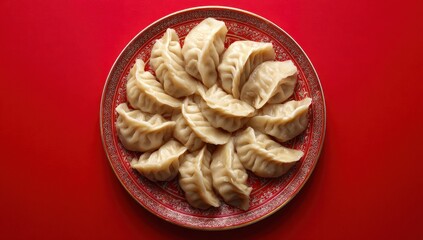 Delicious homemade dumplings arranged on a red plate, ready to be served.