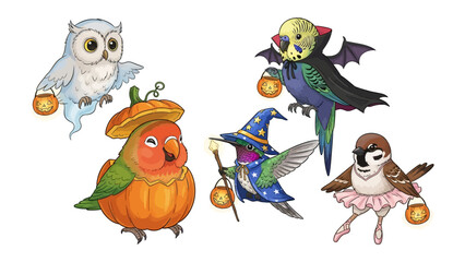 Spooky avian friends in Halloween spirit: A collection of whimsical bird characters, creatively costumed for the spooky season, cheerfully embracing Halloween spirit.