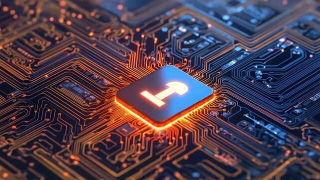 Close-Up View of a Computer Circuit Board with Glowing Key Icon on a Blue Digital Background 4k video footage