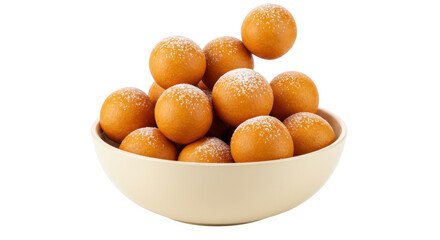 Delicious loukoumades in a bowl isolated on white, traditional Greek honey donuts with powdered sugar for dessert and sweet treat