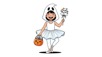 Little Girl in Halloween Ballet Costume: A charming young girl delights in her Halloween attire, blending the whimsy of a ghost costume with the elegance of ballet.