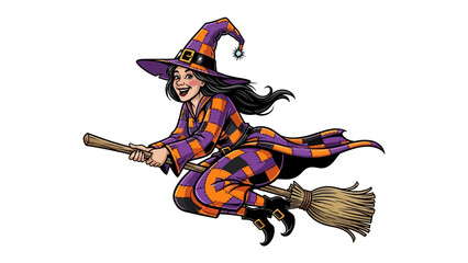 Whimsical Witch on a Broom: A charming cartoon witch joyfully flies across the frame on a broom, exuding an aura of fun and excitement. She wears a distinctive hat and dress.