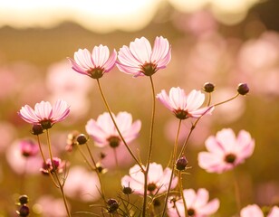 Obraz premium Pastel pink cosmos flowers in golden sunlight
