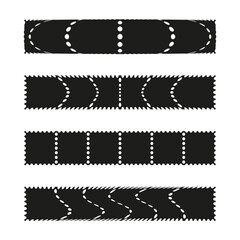 Set of three strips. Decorative perforation lines. Black white abstract. Vector paper element