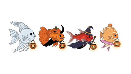 Whimsical Halloween Fish Parade: A lively illustration features a charming procession of fish, each playfully adorned with festive Halloween costumes.