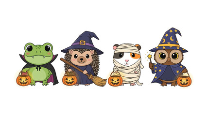 Halloween Animal Masquerade: A vibrant and enchanting illustration of adorable animals in festive Halloween costumes, each holding a jack-o'-lantern, conjuring a sense of fun and seasonal cheer.