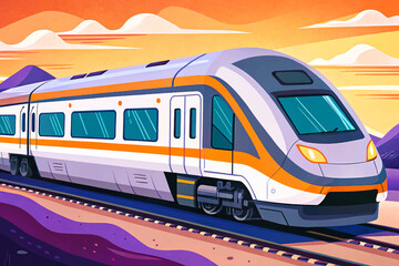Modern gray train with striking orange accents, isolated on a clean beautiful background, showcasing sleek contemporary design elements, illustrated in professional detailed vector style