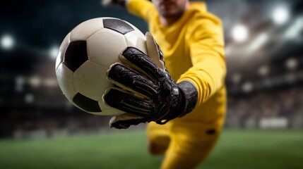 Goalkeeper successfully catches football during intense match in stadium at night