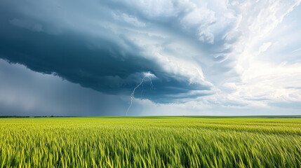 Dramatic landscape featuring vast green field under stormy sky, with dark clouds and lightning strike illuminating scene
