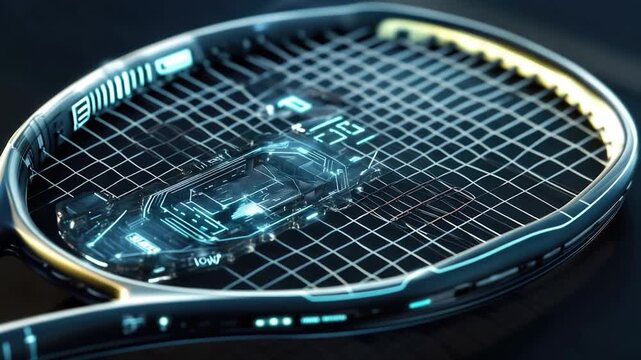 A close-up view of a tennis racket on a table, ideal for use in sports-themed designs or product promotions