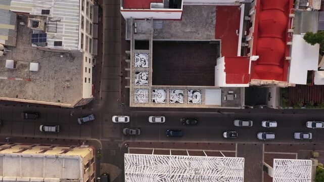 DRONE: TOP-DOWN VIEW OF JOSE GUADALUPE POSADAS MUSEUM AT DOWNTOWN AGUASCALIENTES
