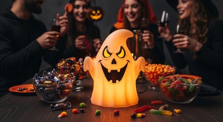 Halloween party scene glowing ghost figure on table candy bowls blurred people drinking