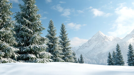 Fototapeta premium Serene winter landscape featuring snow covered evergreen trees and majestic mountains clear blue sky. scene evokes sense of tranquility