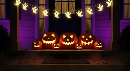 Halloween porch scene jackolanterns glow under ghost lights