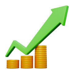 Green Upward Arrow on Gold Coin Stacks in Transparent Background Economy Growth Financial Success and Investment Concept 3D Render