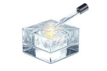 Glowing Gold Serum in a Glass Dropper on Icy Cube Against Black Background Beauty Product Still Life with Reflection and Transparent Details and Focus on Cosmetic Science Treatment Concept