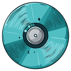 Turquoise Vinyl Record with Grooves and Musical Notes Artistic Illustration