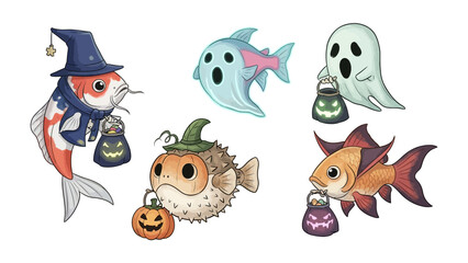 Naklejka premium Whimsical Underwater Halloween: A charming illustration depicts a school of whimsical, Halloween-themed fish and ghosts, each adorned with playful costumes and accessories for a delightful.