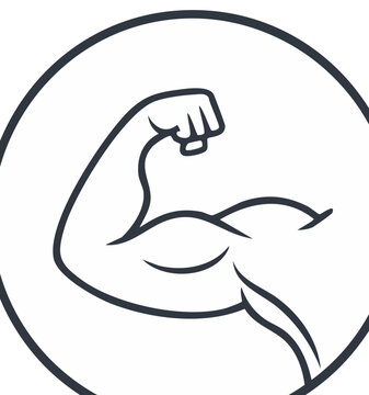 Muscular arm flexing biceps inside circle vector emblem.