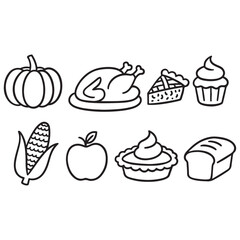 Autumn traditional food icon, thanksgiving day holiday table hand drawn doodle line illustration set vector