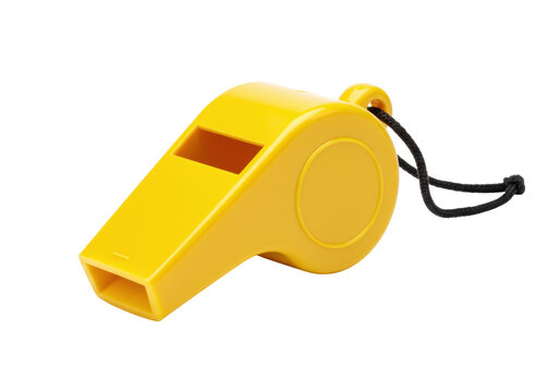 Yellow plastic whistle isolated on transparent background, sports equipment for referees and coaches