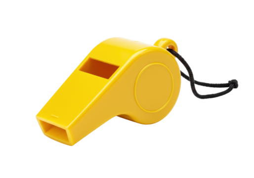 Yellow plastic whistle isolated on transparent background, sports equipment for referees and coaches