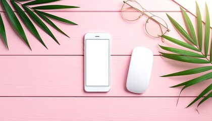 Phone, mouse, and sunglasses on a pink, palm-leaved table