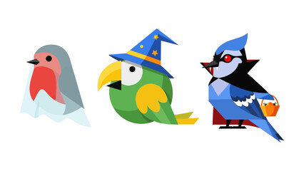 Fantasy Birds: Three whimsically designed birds, each adorned with a unique fantastical theme, captured in vibrant and cartoon-like illustration.