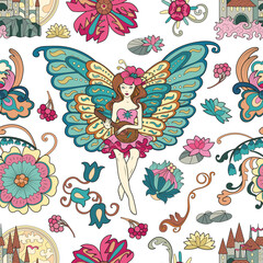 Colorful seamless pattern with fairy girl and fantasy elements on white background for fabric, wallpaper, scrapbooking. Cartoon vector illustration
