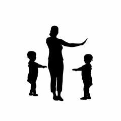 Silhouette of caregiver teaching yoga to toddlers isolated on white background