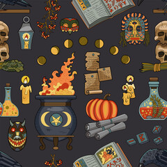 Colorful seamless pattern with Halloween ritual objects on black background for fabric, wallpaper, scrapbooking. Cartoon vector illustration