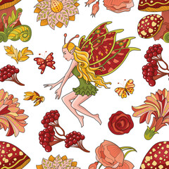 Colorful seamless pattern with beautiful elf, mushrooms and fantasy elements on white background for fabric, wallpaper, scrapbooking. Cartoon vector illustration