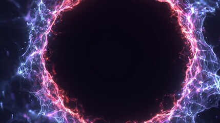 A dark void is surrounded by a glowing, plasma-like ring of red and blue energy, creating a visual vortex