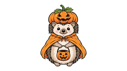 Whimsical Hedgehog in Halloween Costume: A cute hedgehog, adorned with a pumpkin hat and cape, gleefully clutches a pumpkin lantern, ready to trick-or-treat.