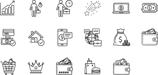 Collection of hand-drawn financial and business icons symbolizing growth investment and wealth