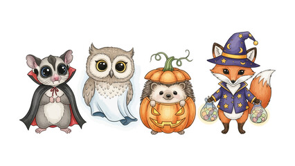 Festive Fauna: A charming collection of adorable animals, creatively costumed for the Halloween holiday, evoking a sense of whimsical fun and seasonal spirit.