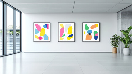 Bright and colorful abstract art pieces displayed modern gallery setting, showcasing vibrant shapes and forms that evoke creativity