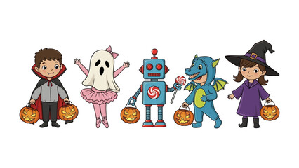 Halloween Costume Parade: A charming scene of costumed characters, each child donned in their delightful disguise and showcasing their unique spirit and celebration. 