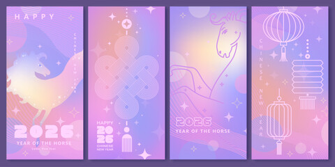 Chinese New Year vector design cards set. 2026 year of the Horse. Lunar new year concept. Geometric modern vector with abstract forms, gradients, horse. Design for calendar, cover, flyer.