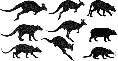 Kangaroo and Tasmanian devil silhouettes, Australian wildlife vector illustration, marsupial animal design, tribal pattern art, wild nature