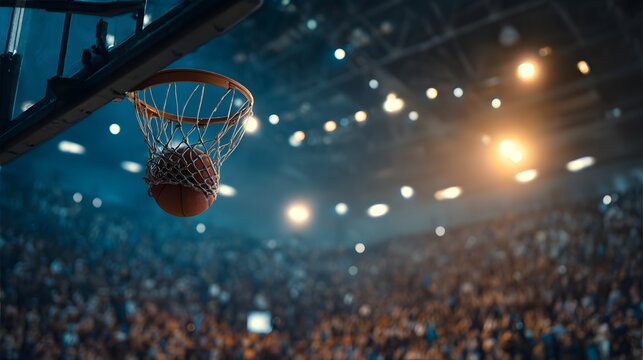 Basketball player performing slam dunk during intense game.

Action shot of basketball player jumping toward the hoop.

Professional basketball player dunking ball under bright ligh