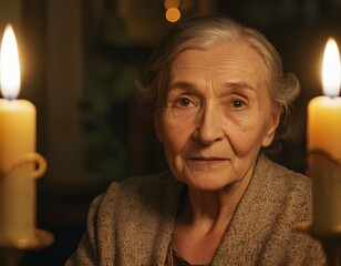 Cinematic close-up portrait of elderly woman illuminated by warm candlelight in dark cozy room
